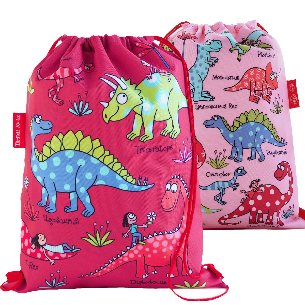 Kids Pink Dinosaur Waterproof Drawstring Bag - Recycled