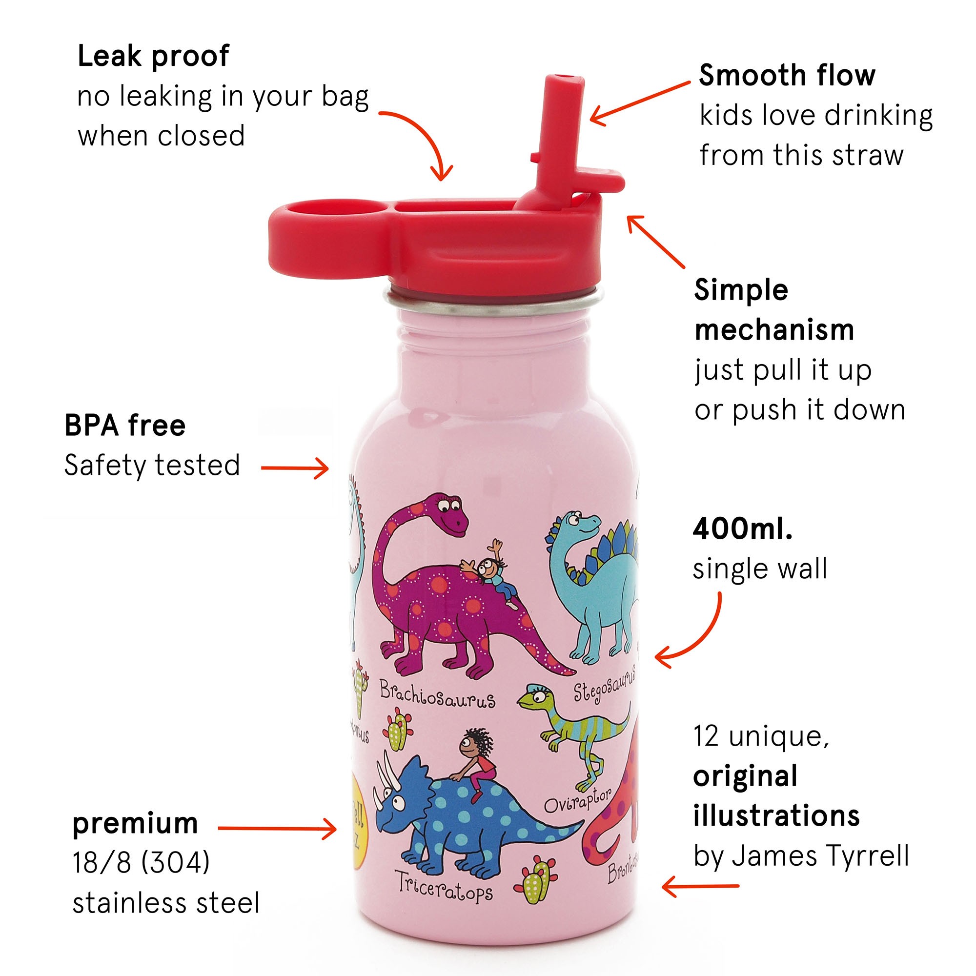 Dino Pink Stainless Steel Drinking Bottle